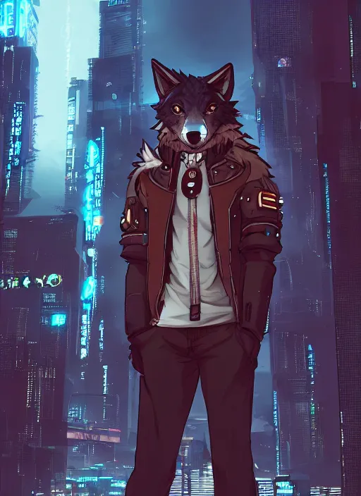 Prompt: character portrait of a male anthro wolf fursona with a tail and a cute beautiful attractive furry face wearing stylish cyberpunk clothes in a cyberpunk city at night while it rains. hidari, color page, tankoban, 4K, tone mapping, Akihiko Yoshida.