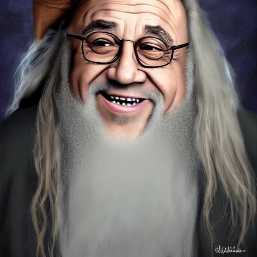 Image similar to portrait danny devito as gandalf, deviantart, smile, ultra realistic