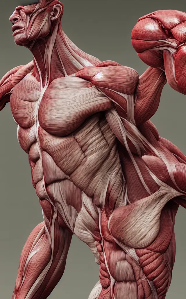 Image similar to intricated scientific medical 3d animation of the muscles and veins of a centaur monster in a mud road 3d octane render studio lighting