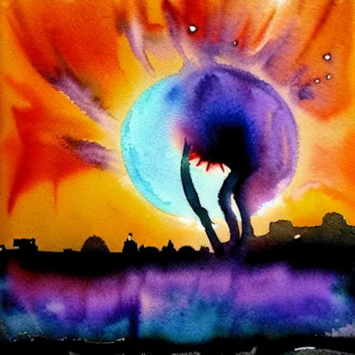 Image similar to a silhouette with its mind exploding into a beautiful watercolor dream