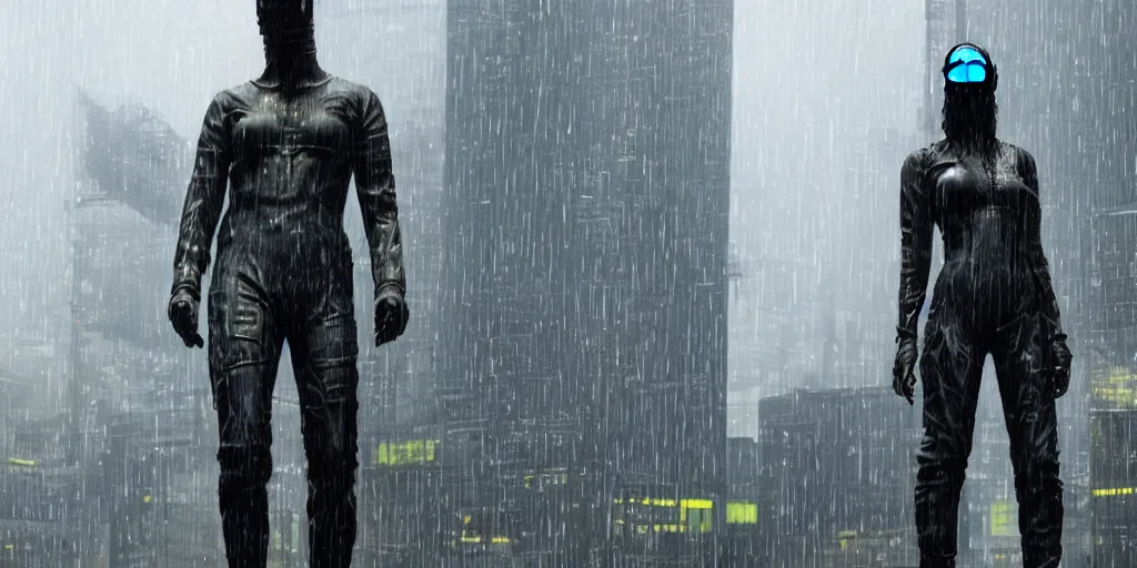 Image similar to cyberpunk statue, rain, space