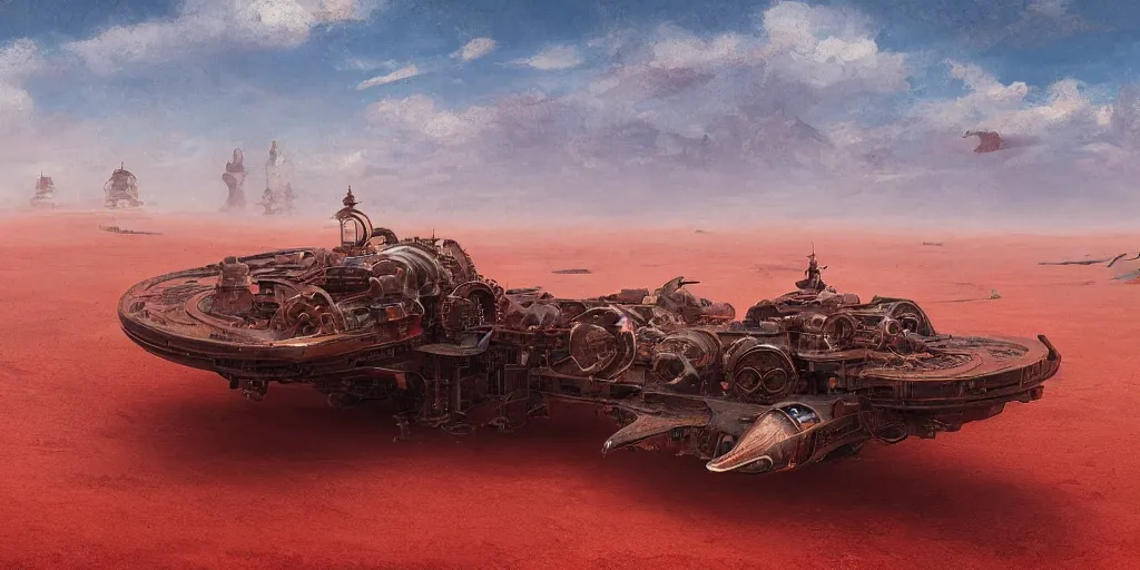 Image similar to steampunk hovercraft going at high speed across a red desert, trailing red sand, greg rutkowski, 8 k, shallow depth of field, intricate detail, concept art,