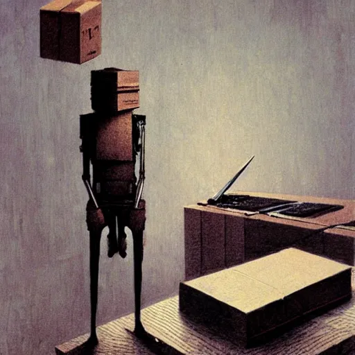 Image similar to A cyborg holding a cardboard box full of desk items at a desk by Beksinski