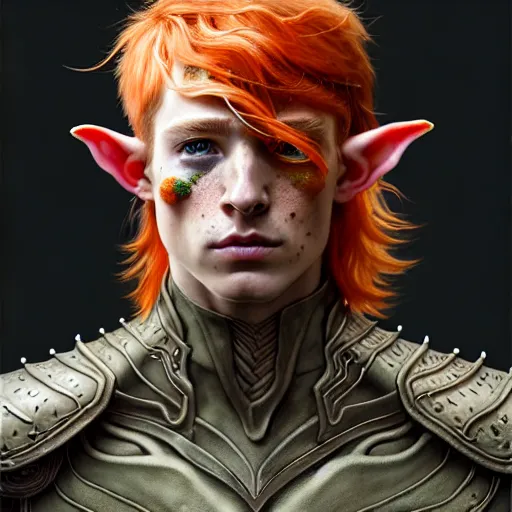 Image similar to portrait painting of an elven young man with short light orange hair and freckles and tree tattoos on his cheekbones light armor, ultra realistic, concept art, intricate details, eerie, highly detailed, photorealistic, octane render, 8 k, unreal engine. art by artgerm and greg rutkowski and charlie bowater and magali villeneuve and alphonse mucha