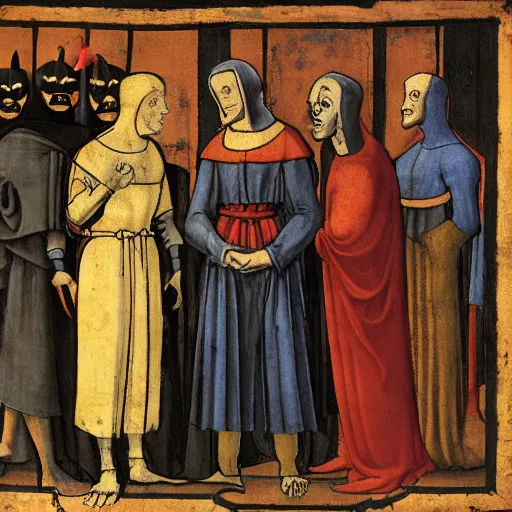 Prompt: medieval painting of people having discussion with batman by Leonardo Davinci, elegant