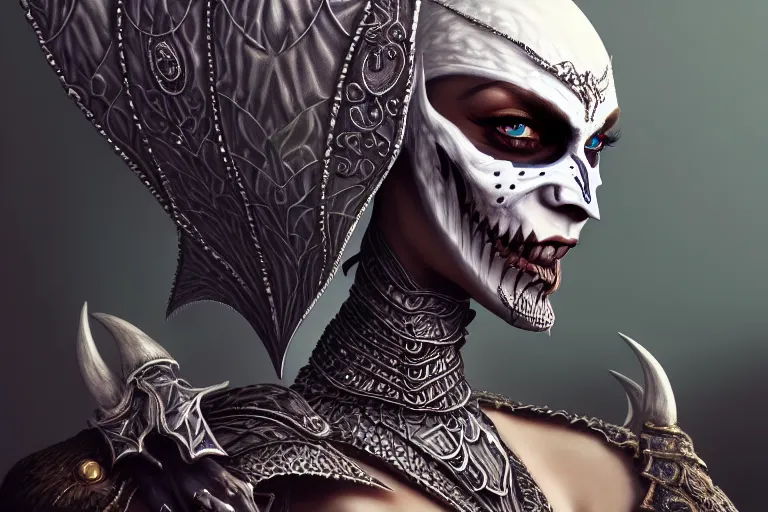 Image similar to a full portrait of a beautiful woman wearing, wearing extremely detailed attire, slim complexity, extremely detailed white eyes, medievil, dnd, extremely detailed, high quality, trending on artstation, photo realistic