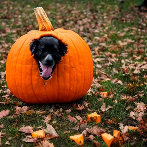 Image similar to dog wearing pumpkin costume, award - winning 4 k photography