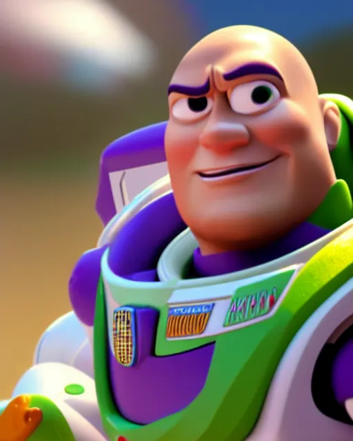 Image similar to Film still close-up shot of Dwayne Johnson as Buzz Lightyear in the movie Toy Story 3. Photographic, photography