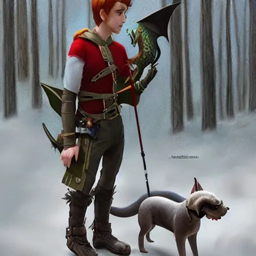 Prompt: hyperrealistic Elf hunter and his dragon-dog scouting forest, in the style of artgerm & artstation