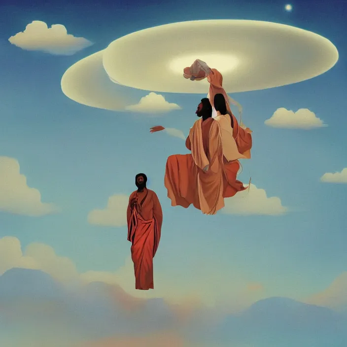 Prompt: UFO hovering over an African Jesus , clouds, painting by Hsiao-Ron Cheng,