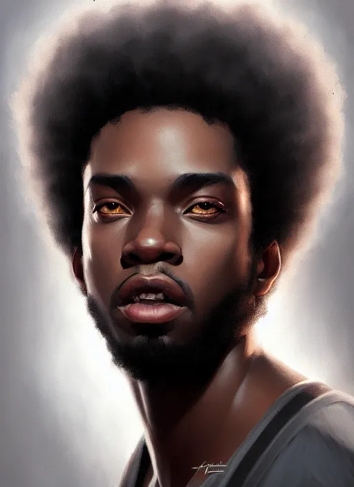 Image similar to photographic portrait of an handsome young black man with an afro, atmospheric lighting, elegant, highly detailed, digital painting, artstation, concept art, sharp focus, star wars, illustration, art by artgerm and greg rutkowski