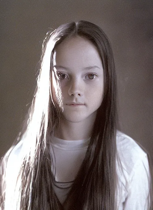 Prompt: high school year book photo of samara from the movie the ring as an awkward teenager with incredibly long hair, film shot, portrait photography, soft lighting, soft focus, 1 9 9 0's, 2 4 mm iso 8 0 0 color