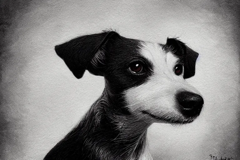 Prompt: black and white jack russel terrier, concept art, fantasy illustration, sharp focus, intricate details, by tran nguyen and wylie beckert