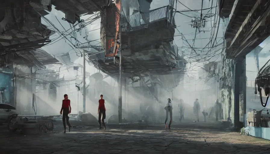 Prompt: Fashion Catwalk rendering in a futuristic favela, Hazy Atmosphere, Cinematic Lighting, Wallpaper, Octane, Redshift, 4k