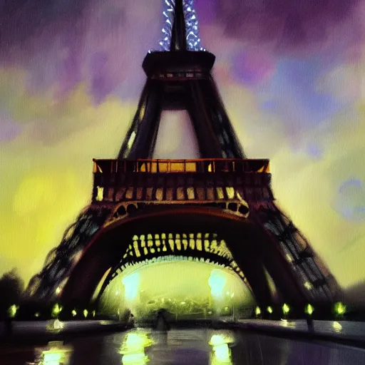 Image similar to an oil painting of the eiffel tower on a dark stormy evening utilizing volumetric lighting