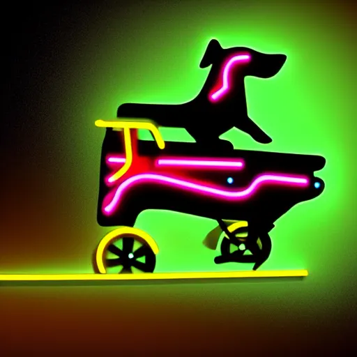 Image similar to dog riding a neon bike in the night, digital art, hd, high quality, trending on artstation