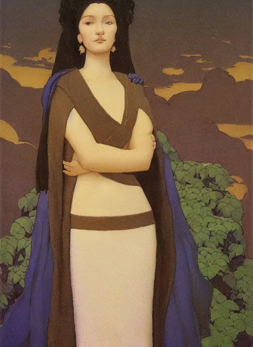 Prompt: an oil painting a queen with dark hair and white fair skin standing on a throne by maxfield parrish, by nicholas roerich, highly detailed, realistic, realism, oil painting, 1 9 th