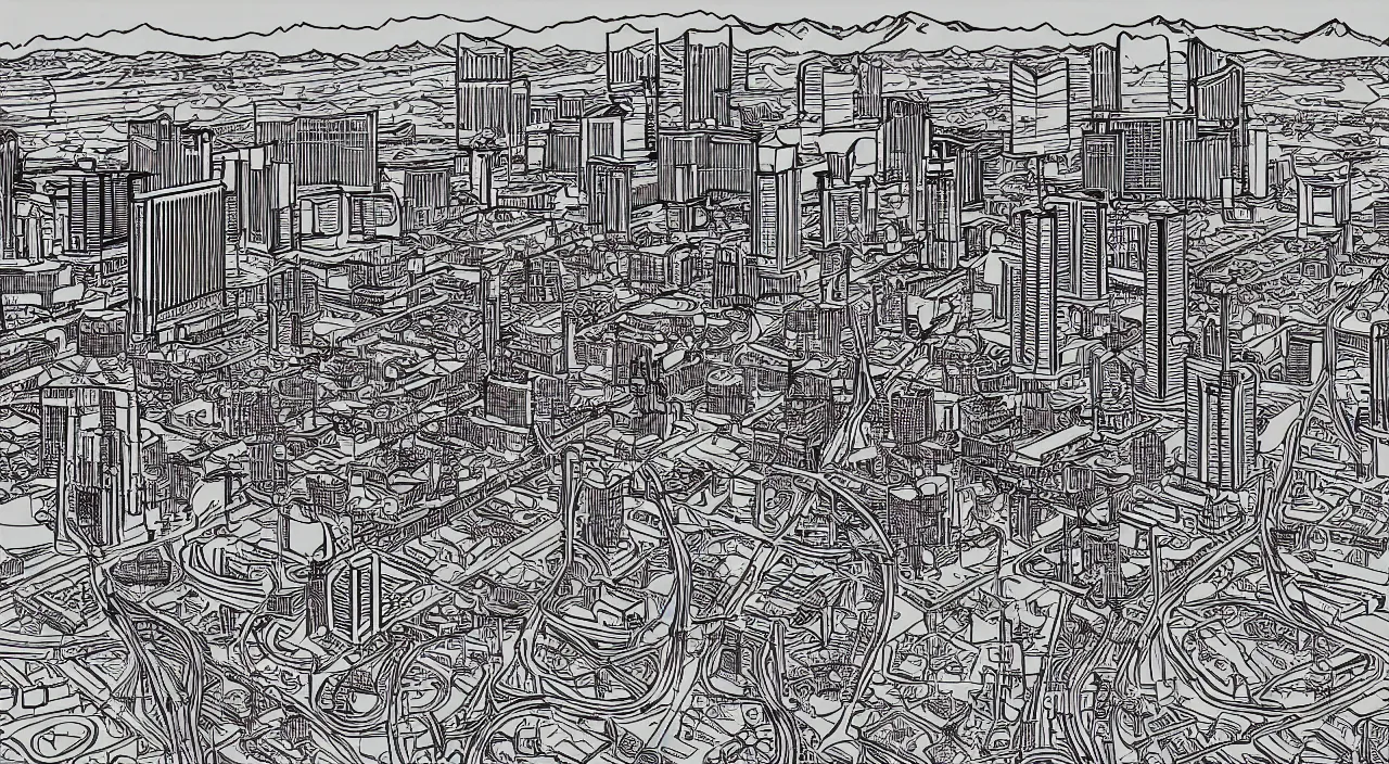 Image similar to las vegas as an axon drawing, in vector drawing style of charles williams