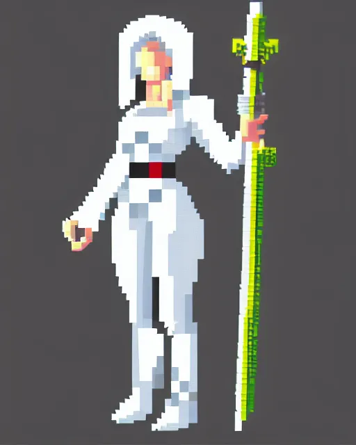 Image similar to a pixel single sprite of a girl holding a sword, in white futuristic armor, pixel art, isometric, 1 6 px x 1 6 px, 2 d game art, 1 6 bit, dynamic pose, # pixelart