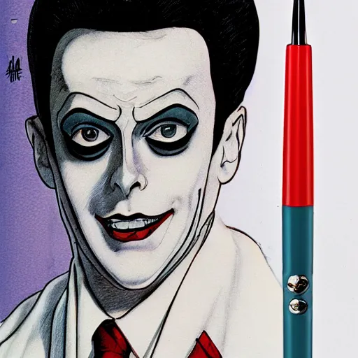 Prompt: a high quality product photo ad of klaus nomi with a technical reed rollerball pen exacto knife by junji ito, copic ethereal eel