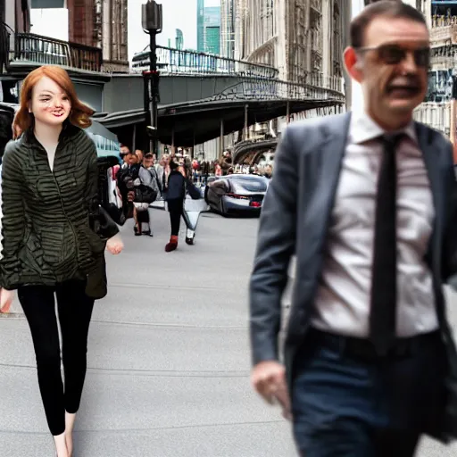 Image similar to Mr Bean dating Emma Stone, TMZ, XF IQ4, f/1.4, ISO 200, 1/160s, 8K, Sense of Depth, color and contrast corrected, Nvidia AI, Dolby Vision, symmetrical balance, in-frame