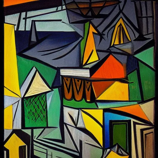 Prompt: Intricate five star Kerala village by Pablo Picasso, oil on canvas, high detail, matte finish, high contrast, 3d depth, masterpiece, vivid colors, artstationhd