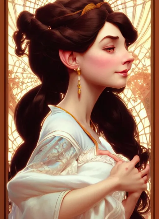 Prompt: portrait of disney belle, intricate, elegant, highly detailed, my rendition, digital painting, artstation, concept art, smooth, sharp focus, illustration, art by artgerm and greg rutkowski and alphonse mucha and uang guangjian and gil elvgren and sachin teng, symmetry!!