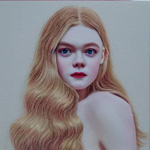 Image similar to Painting of Elle Fanning as a vampire, long blonde hair, delicate, pale milky white porcelain skin, pointillism. 8K. Extremely detailed.