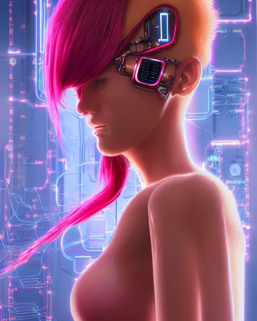 Image similar to portrait of a beautiful tan woman with pink hair as a cyberpunk cyborg half robot, revealing wires and electronics, hooked - up, sci - fi, missing panels, intricate abstract upper body intricate artwork, concept art, octane render, deviantart, cinematic, key art, hyperrealism, iridescent accents, portrait photograph, nikon 3 5 mm, photograph by greg rutkowski