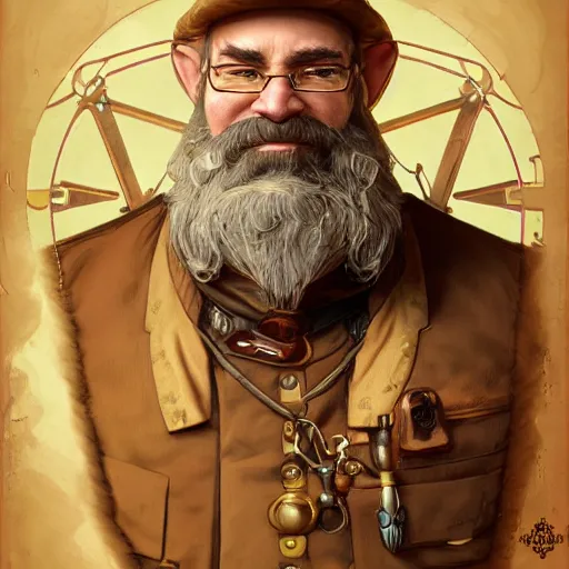 Image similar to Three quarters portrait of a bald male steampunk dwarf with long brown beard, highly detailed, digital painting, art by Stanley Lau and Artgerm and magali villeneuve and Alphonse Mucha, artstation, octane render, cgsociety
