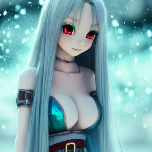 Prompt: elf girl render as a very beautiful 3d anime girl, hot petite, long braided silver hair, azur blue eyes, full round face, belly free teal dress, short smile, in snow, cinematic lightning, medium shot, mid-shot, highly detailed, trending on Artstation, Unreal Engine 4k, cinematic wallpaper