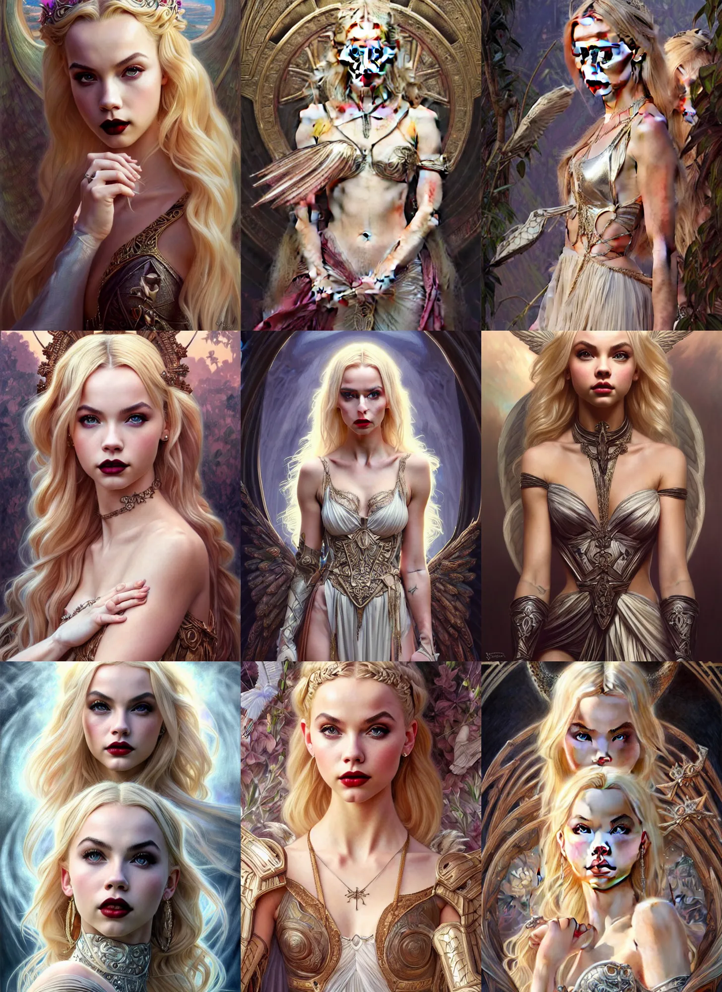 Image similar to ultra realistic illustration, a stunningly beautiful greek gothic goddess of chaos played by jordyn jones and dove cameron and margot robbie and taylor swift and megan fox, intricate, elegant, highly detailed, digital painting, artstation, concept art, smooth, sharp focus, illustration, art by artgerm and greg rutkowski and alphonse mucha