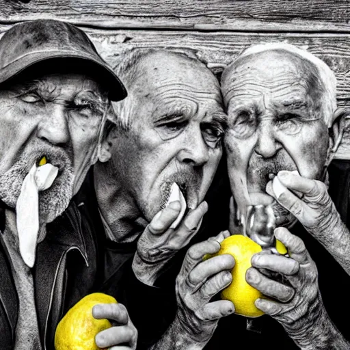 Image similar to old men eating lemon very detailed photo award winning