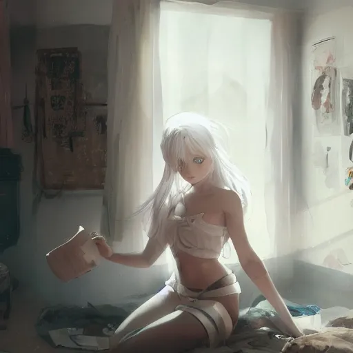 Prompt: a young girl white hair in front of a fan of her bedroom, in a heat day, by dustin nguyen, akihiko yoshida, greg tocchini, greg rutkowski, cliff chiang, 4 k resolution, trending on artstation