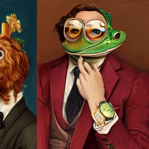 Image similar to anthropomorphic gentleman frog wearing a cravat and hand watches portrait in the museum, highly detailed, sharp focus, digital painting, artwork by Victor Adame Minguez + Yuumei + Tom Lovell + Sandro Botticelli