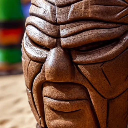 Image similar to a closeup photorealistic photograph of ben grimm's face on a tiki mug at trader vic's beach bar. fantastic four. tiki culture. bright scene. fine detail. this 4 k hd image is trending on artstation, featured on behance, well - rendered, extra crisp, features intricate detail, epic composition and the style of unreal engine.