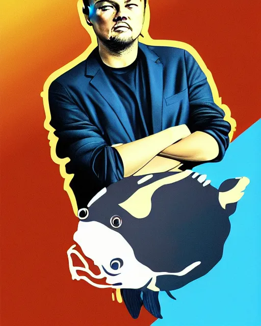 Prompt: painting portrait of leonardo dicaprio and a carp, cartoon, warm lighting, leonardo dicaprio has a carp. leonardo dicaprio and a carp fish. movie poster, illustration by bartek fedyczak, erak note, tooth wu, neil richards, kan liu, siwoo kim, jisu choe, trending on art station