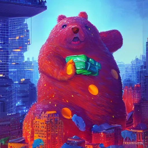 Prompt: hyperdetailed painting of an oversized colorful translucent gummy bear towering over the city, destroying buildinga, highly detailed illustration, by artgerm, artstation, unreal engine 5 photorealistic
