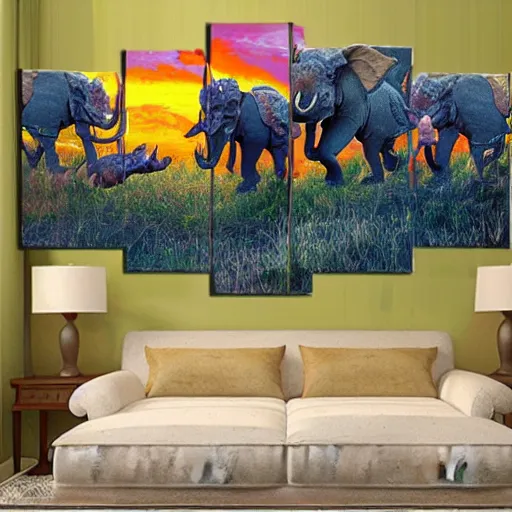 Image similar to hybrid animal cross between triceratops and elephant with colorful prehistoric landscape background detailed oil painting 4k