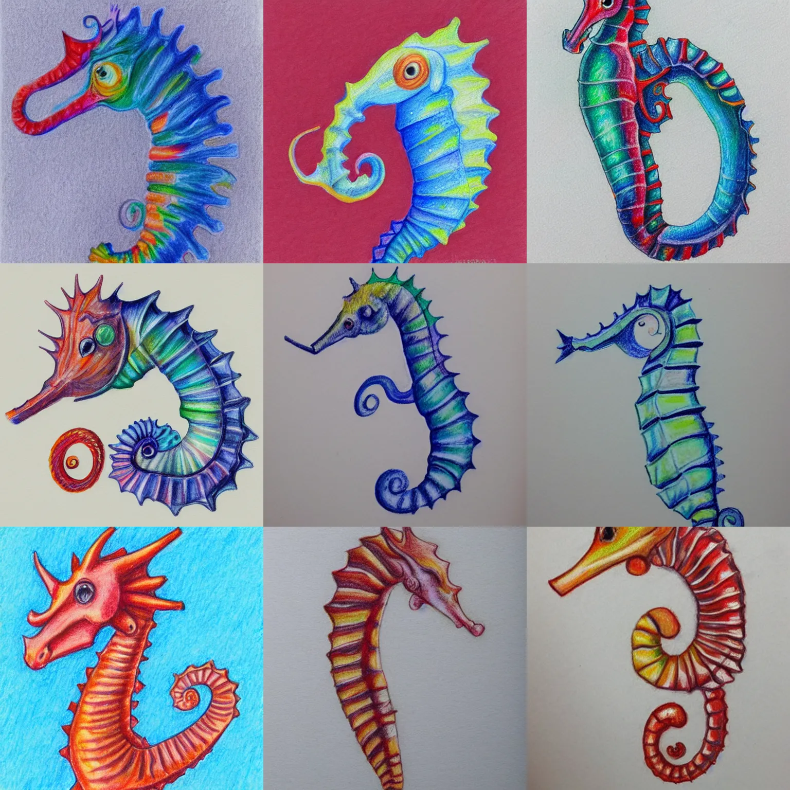 Prompt: a color pencil drawing of a Seahorse, white background