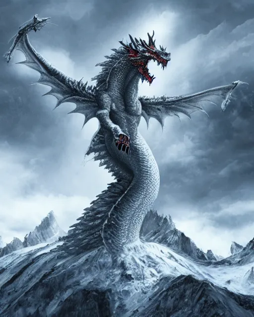 Image similar to giant snow dragon standing on a snowcapped mountain, highly detailed, 4 k, hdr, award - winning, directed by zack snyder, trending on art station, matte