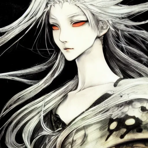 Image similar to yoshitaka amano blurred and dreamy realistic illustration of an anime girl with wavy white hair fluttering in the wind and cracks on her face wearing elden ring armour with the cape, abstract black and white patterns on the background, noisy film grain effect, highly detailed, renaissance oil painting, weird portrait angle