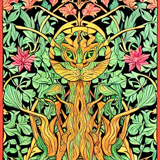 Prompt: colourful green man cat by walter crane and william morris, 8 k, artstation