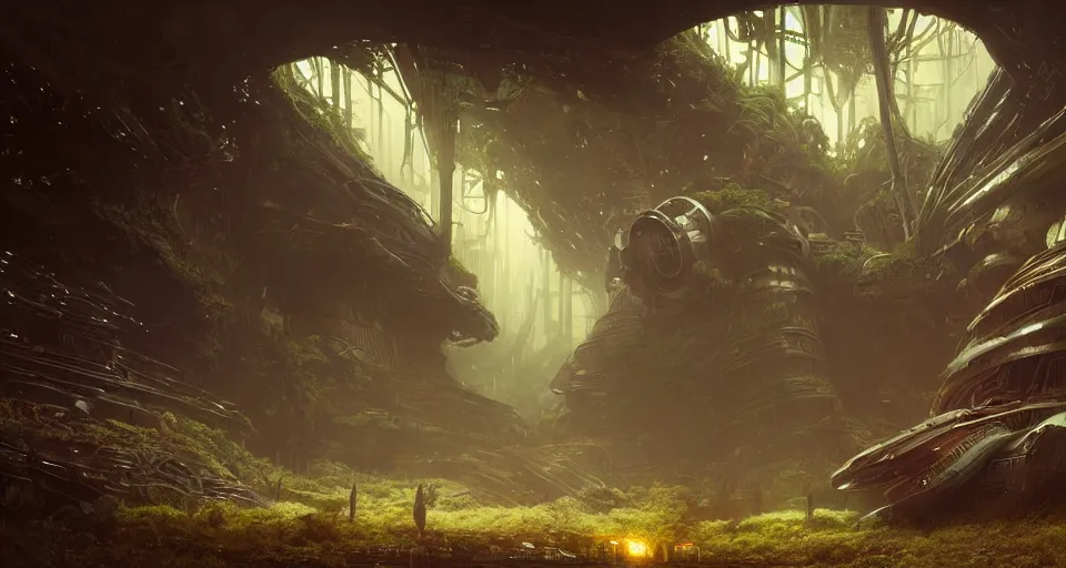 Image similar to Retro futuristic Sci-Fi space forest scene, Giant Aztec spaceship, volumetric light, fog, dusk lighting, intricate details ,by denis villeneuve, Ridley Scott, Greg Rutkowski and Alphonse Mucha