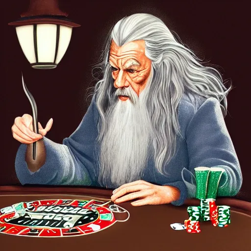 Image similar to gandalf playing poker, casino, highly detailed, digital art