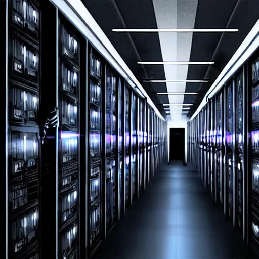 Image similar to synthwave server room, eerie, dark, very dark, movie still