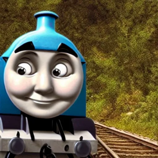 Image similar to thomas the tank engine, uncanny horror, caught on hand cam, scary