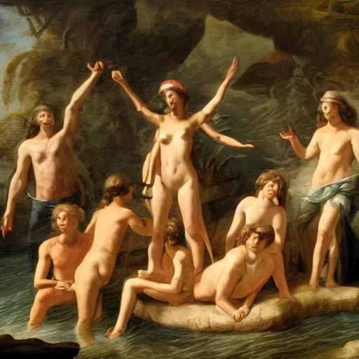 Image similar to seven trials of the prehistoric aquatic cult, in the style of David Geddes, Élisabeth Vigée Le Brun, dramatic lighting, establishing shot, detailed and clear beautiful realistic faces, 8k resolution – W 1024