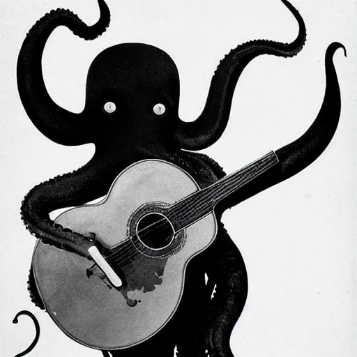 Image similar to octopus in a suit playing delta blues, 1 9 2 0 s, photograph