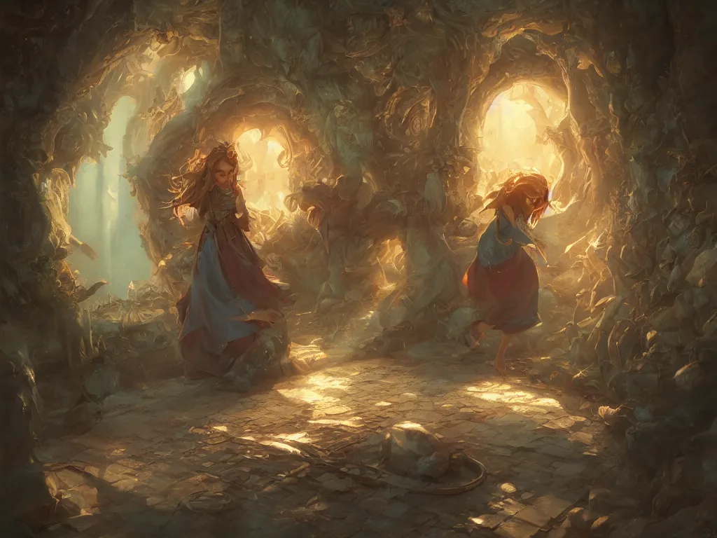 Prompt: detailed painting of a magical book that is a portal to a fantasy realm by Krenz Cushart, fantasy, dramatic light